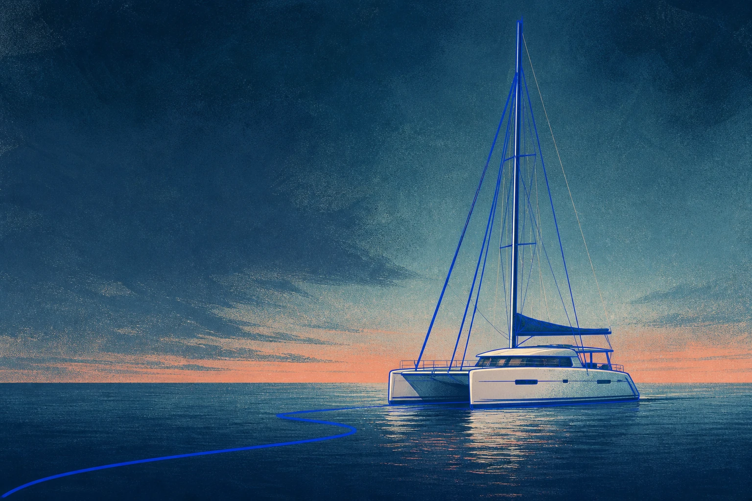 Illustrated catamaran at blue hour, traced by a cobalt wake across calm water.